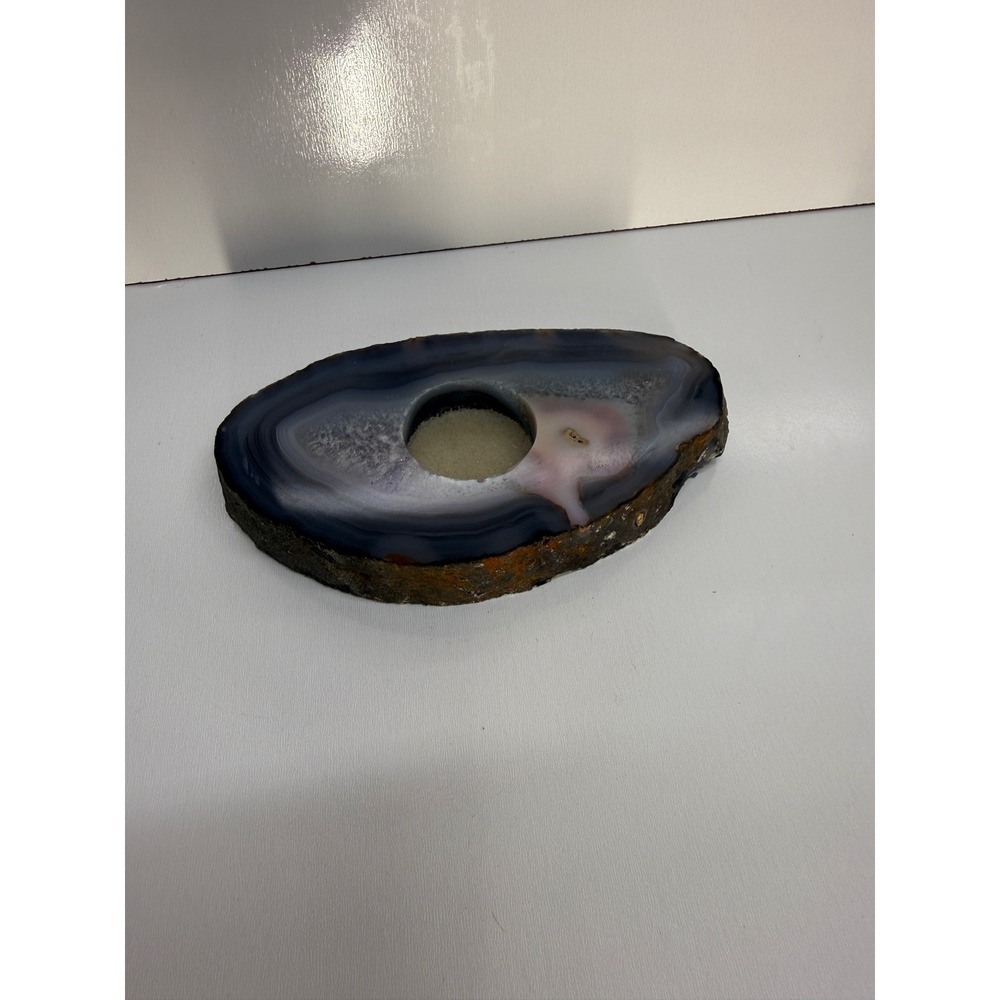 Natural Polished Agate Slice Tea Light Candle Holder Grey White Purple Stone